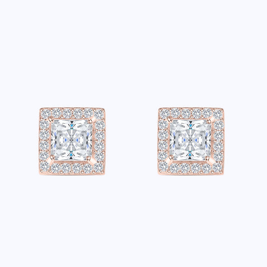 Pearich Rose Gold Princess Cut Halo Earrings