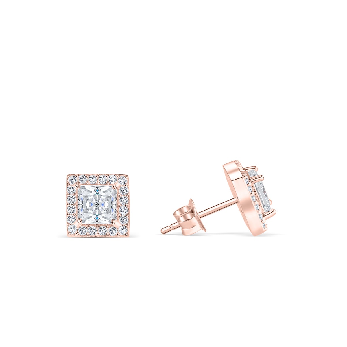 Pearich Rose Gold Princess Cut Halo Earrings