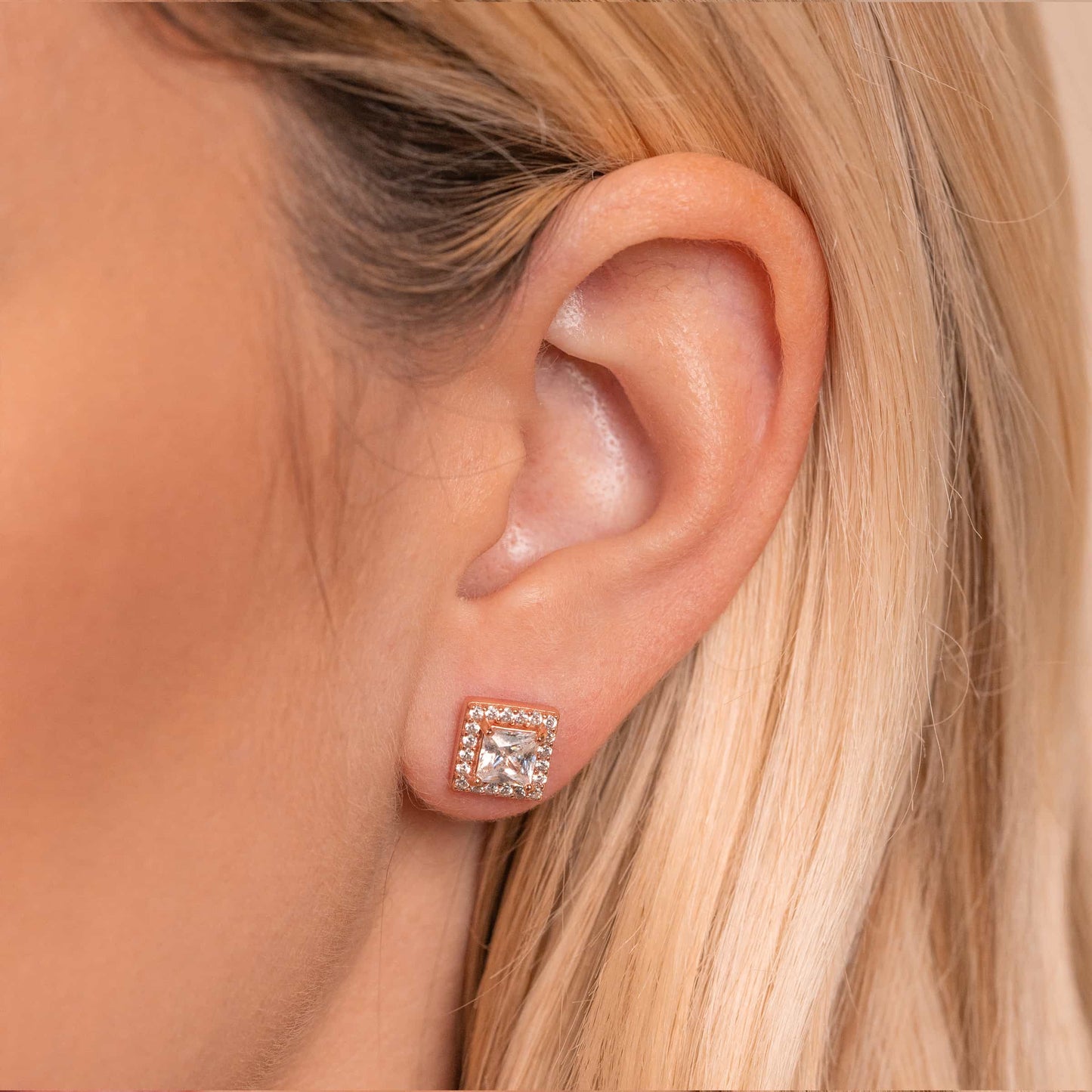 Pearich Rose Gold Princess Cut Halo Earrings