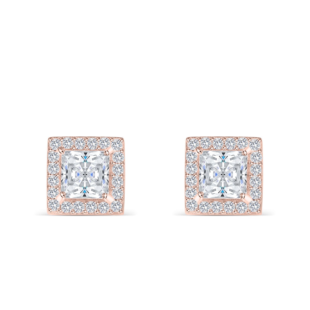 Pearich Rose Gold Princess Cut Halo Earrings