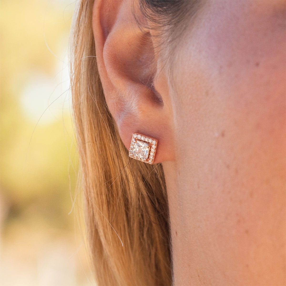 Pearich Rose Gold Princess Cut Halo Earrings