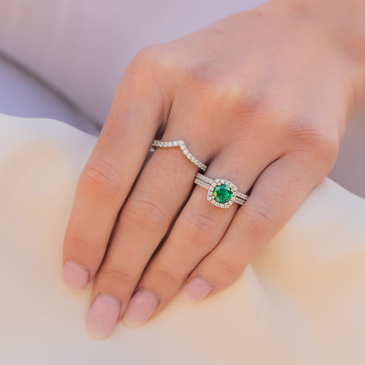 Pearich Halo Emerald Wedding Ring